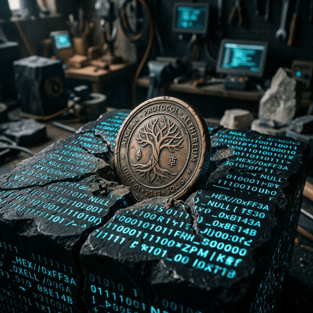 Coin labeled AEGEAN PROTOCOL AETHEREUM embedded in cracked black block with glowing blue binary code