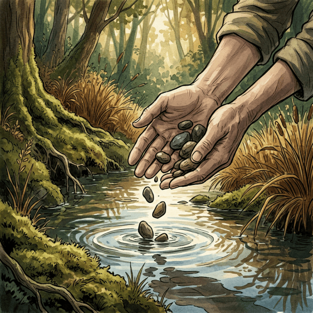 Hands dropping smooth stones into a forest stream
