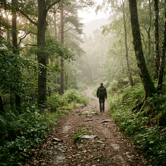 Hiker walking along a rocky forest trail surrounded by ferns