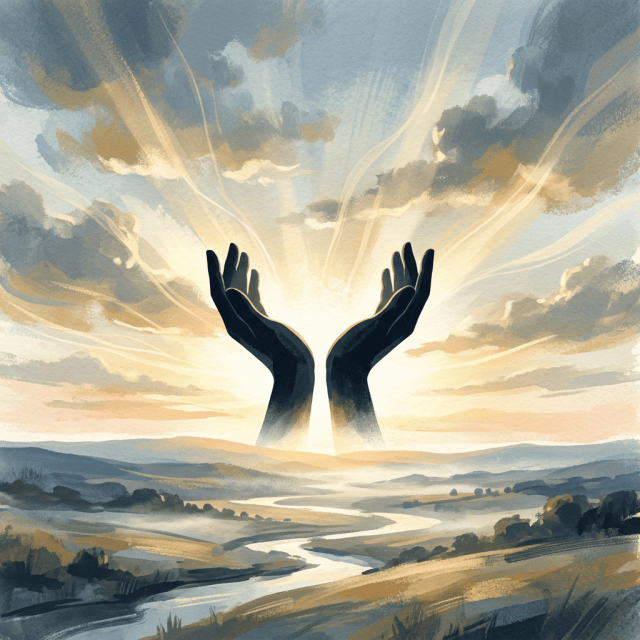 Two dark hands rise from a glowing valley beneath a cloudy sky