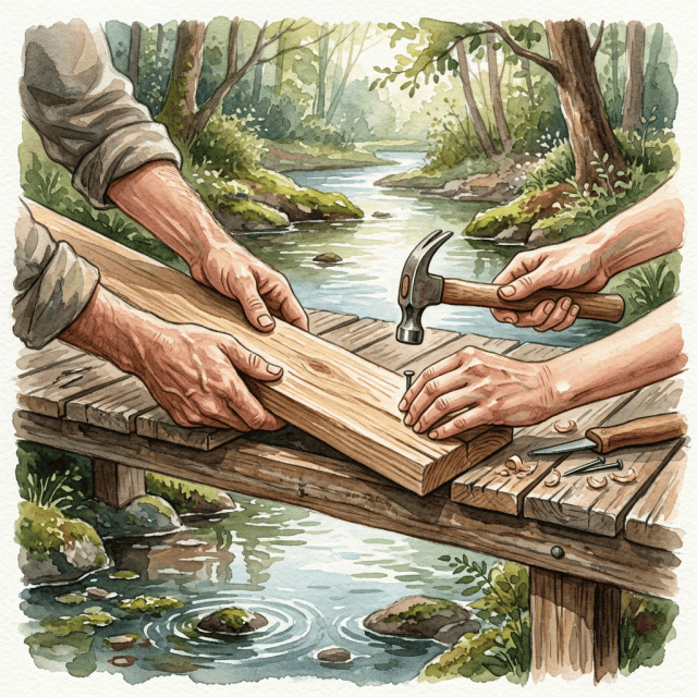 People building a wooden bridge over a forest stream with hammer and nails