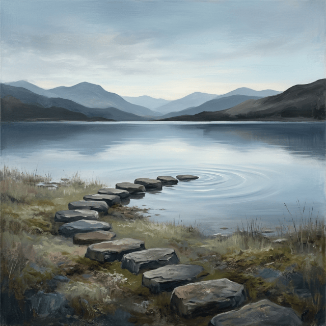 Stepping stones crossing the shore of a calm mountain lake
