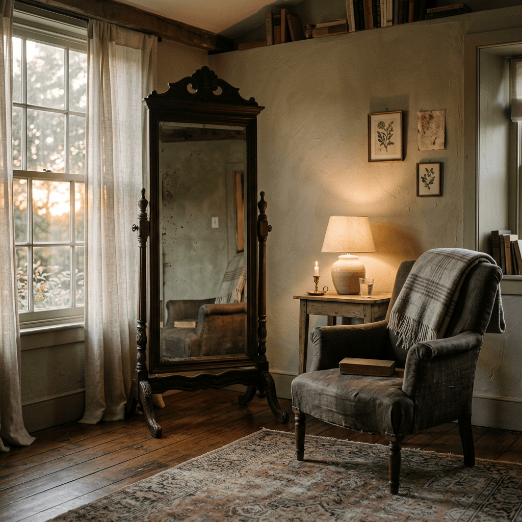 Warm reading nook with antique mirror, armchair, lamp, and window