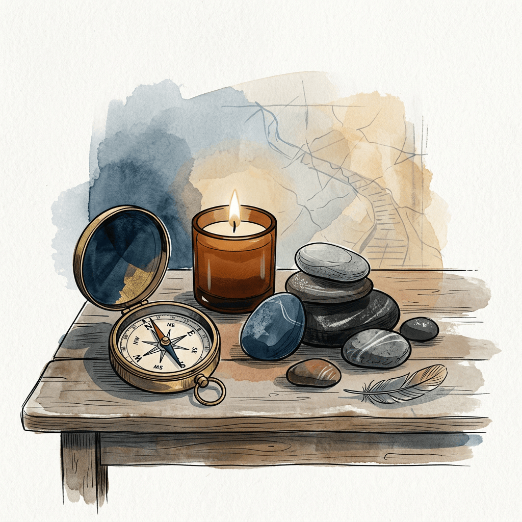 Candle, compass, polished stones, and feather arranged on a wooden table