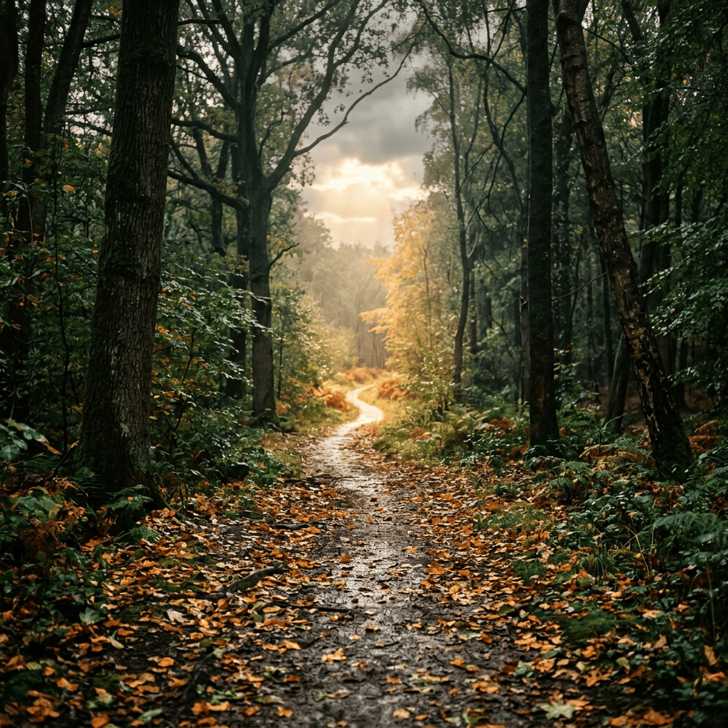 Winding forest path lined with autumn leaves and trees