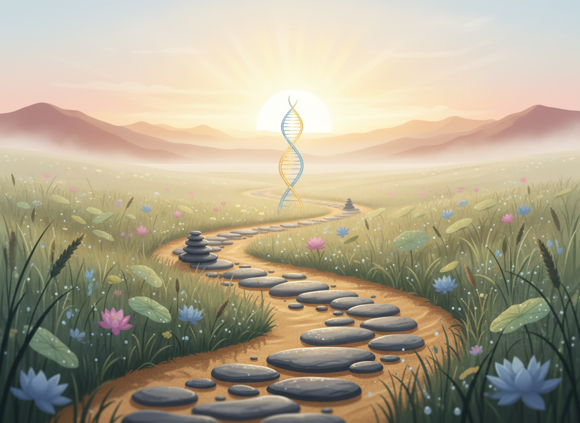 A contemplative spiritual path through a quiet dawn landscape, winding toward a soft radiant horizon, with subtle symbolic elements suggesting prayer, mindfulness, conscious contact with the Divine, and steady daily practice. Serene, humble, hopeful, natural colors, poetic editorial illustration, no text, no lettering, no religious figures.