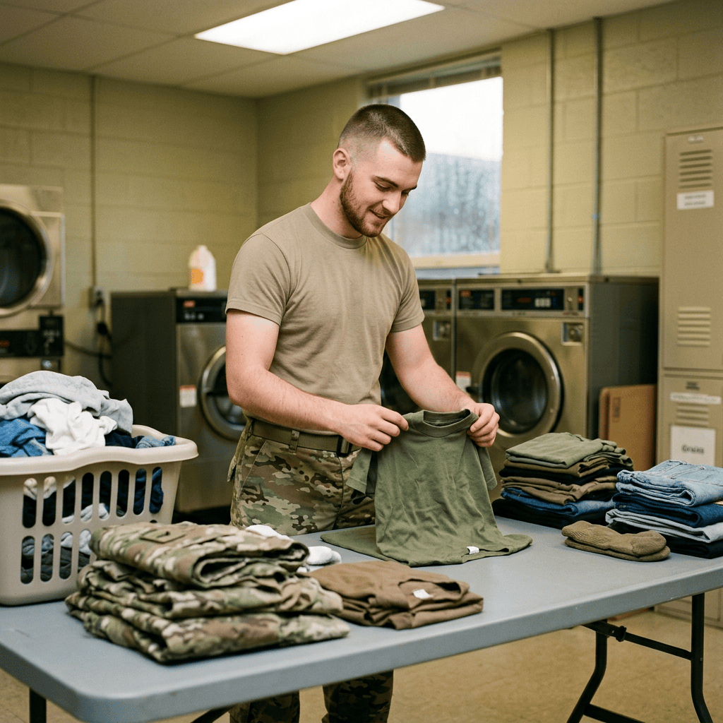 Servicemember folding a green shirt beside neatly stacked military clothing